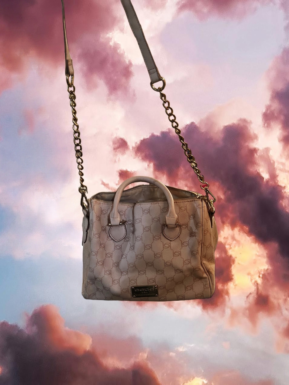 bebe Pink Logo Satchel with Gold Chain Strap